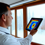 A professional energy auditor, fully clothed in modest professional attire, meticulously examining a window frame with a modern thermal imaging tablet inside a traditional, cozy detached house near Moscow. The scene highlights potential heat loss areas with subtle visual cues, emphasizing the process of identifying inefficiencies. The lighting is natural and inviting, creating a sense of professionalism and expertise. Perfect anatomy, correct proportions, natural pose, well-formed hands, proper finger count, natural body proportions, safe for work, appropriate content, family-friendly.
