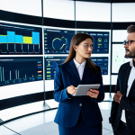 A diverse team of male and female professional energy managers, fully clothed in modest business suits and appropriate attire, standing in a sophisticated, futuristic energy management control center. Large digital screens display complex data visualizations, real-time energy consumption graphs, and AI interfaces. One manager points confidently at a screen, while others analyze data on tablets, collaborating on strategic decisions. The setting features modern architectural elements, subtle LED lighting, and a clean, high-tech aesthetic. The scene conveys a sense of innovation and global challenges. safe for work, appropriate content, professional, perfect anatomy, correct proportions, natural pose, well-formed hands, proper finger count, natural body proportions, professional photography, high-resolution, sharp focus, dynamic lighting, realistic, detailed.