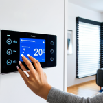 Smart Home Automation**

"A brightly lit, modern living room showcasing smart home technology. A woman in comfortable, modest clothing adjusts a smart thermostat on the wall. In the background, automated blinds are closing, and the lights are dimming slightly. Perfect anatomy, correct proportions, well-formed hands, natural pose. Safe for work, appropriate content, fully clothed, family-friendly, professional photography, high quality."

**