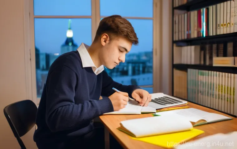 에너지관리 자격증 필기 기출문제 분석 - A diligent young adult student (20s, diverse ethnicity) is deeply focused on studying for an energy ...