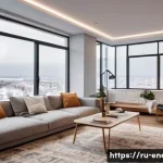 Home 18 에너지 효율화 기술의 지역별 사례 - **Prompt:** A cozy, modern Russian living room with a large window overlooking a snowy urban landsca...