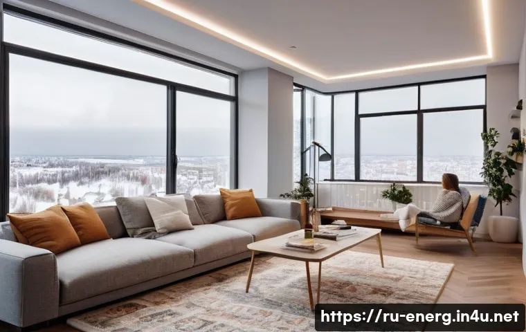 에너지 효율화 기술의 지역별 사례 - **Prompt:** A cozy, modern Russian living room with a large window overlooking a snowy urban landsca...