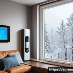 Home 17 에너지 절약 기술의 경제적 효과 - A modern Russian home interior featuring a smart thermostat mounted on a wall next to a window with ...