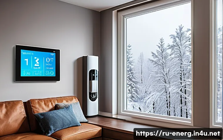 에너지 절약 기술의 경제적 효과 - A modern Russian home interior featuring a smart thermostat mounted on a wall next to a window with ...