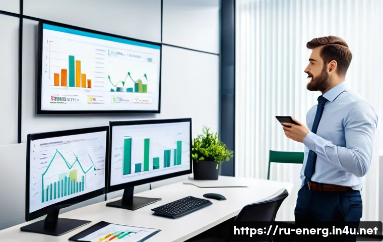 에너지관리 자격증 취득 후기 - A modern office scene showing a professional energy manager presenting an energy efficiency report t...