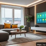 Home 21 에너지 절약 기술의 적용 사례 - A modern Russian apartment interior featuring smart home energy management systems: motion sensors c...