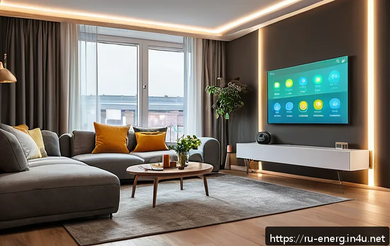 에너지 절약 기술의 적용 사례 - A modern Russian apartment interior featuring smart home energy management systems: motion sensors c...
