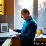 에너지관리 관련 국가 보조금 정보 - Photorealistic Russian apartment kitchen during winter, a middle-aged homeowner in a warm sweater re...