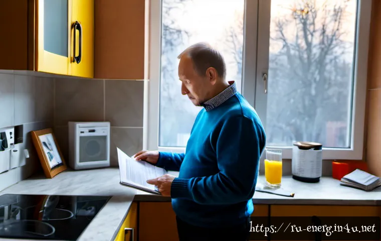 에너지관리 관련 국가 보조금 정보 - Photorealistic Russian apartment kitchen during winter, a middle-aged homeowner in a warm sweater re...