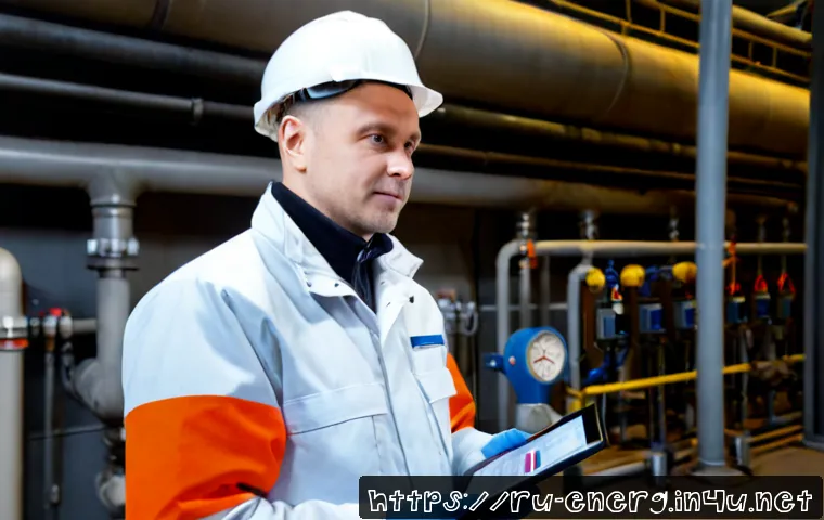 Home 17 에너지관리 자격증 실무 활용 사례 - Photorealistic Russian energy management specialist in a modern district heating plant, wearing clea...